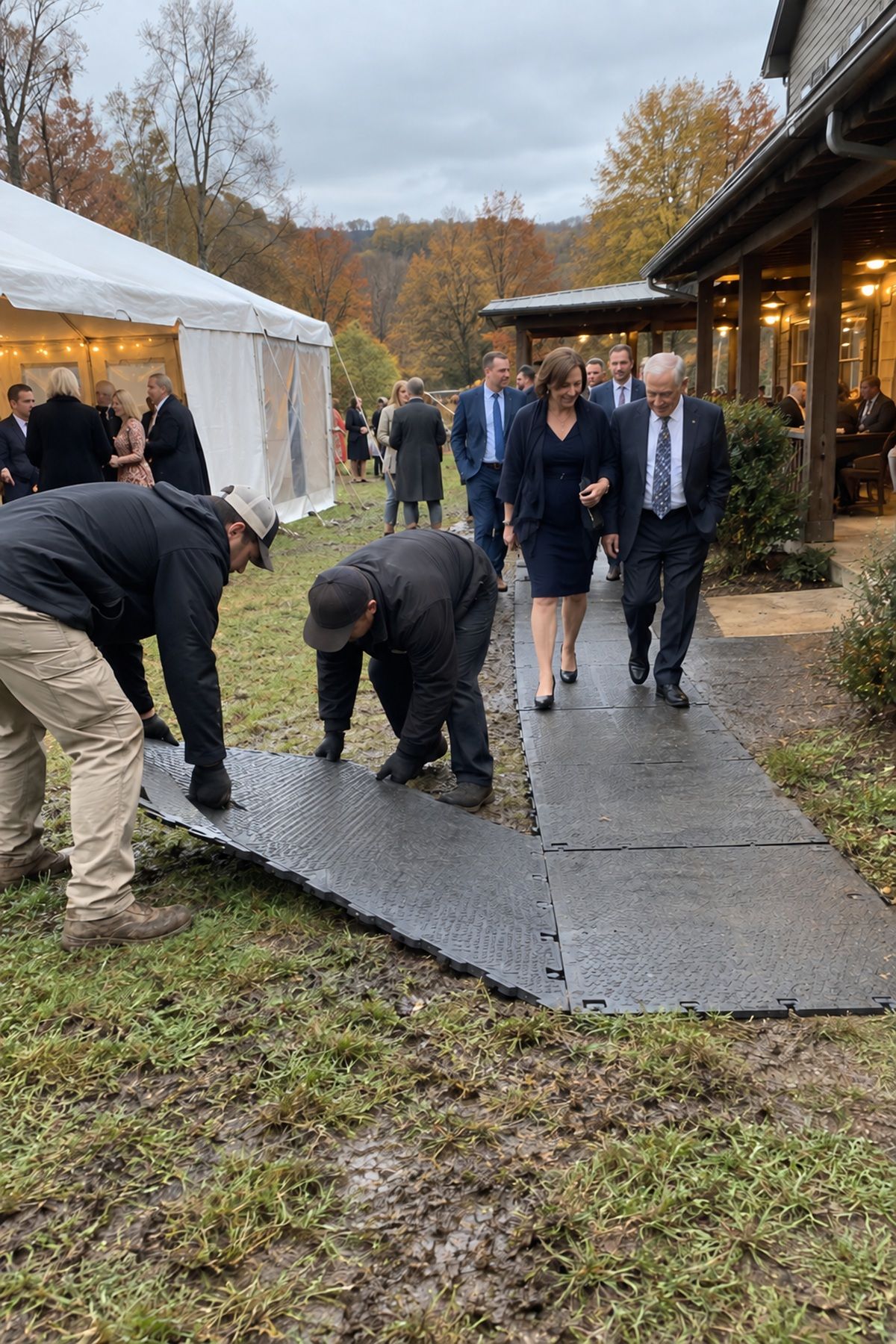 Workers install firm temporary flooring over muddy grass beside a fall wedding tent.