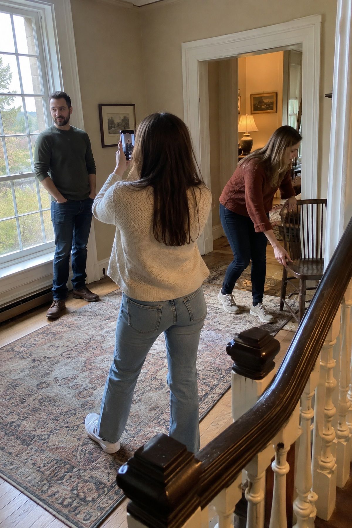 A couple and friend test an indoor window corner for rainy wedding portraits.