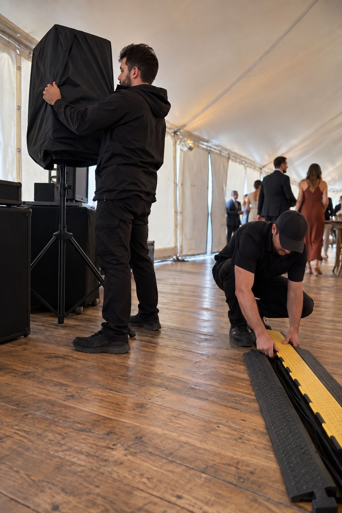 Technicians protect wedding sound equipment and fully enclose cables in a floor ramp inside a dry tent.