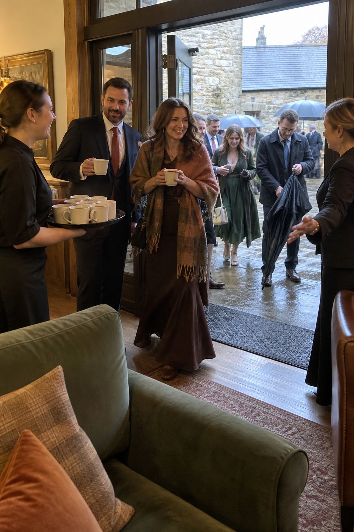 Fall wedding guests move indoors for warm drinks before they get cold in the rain.