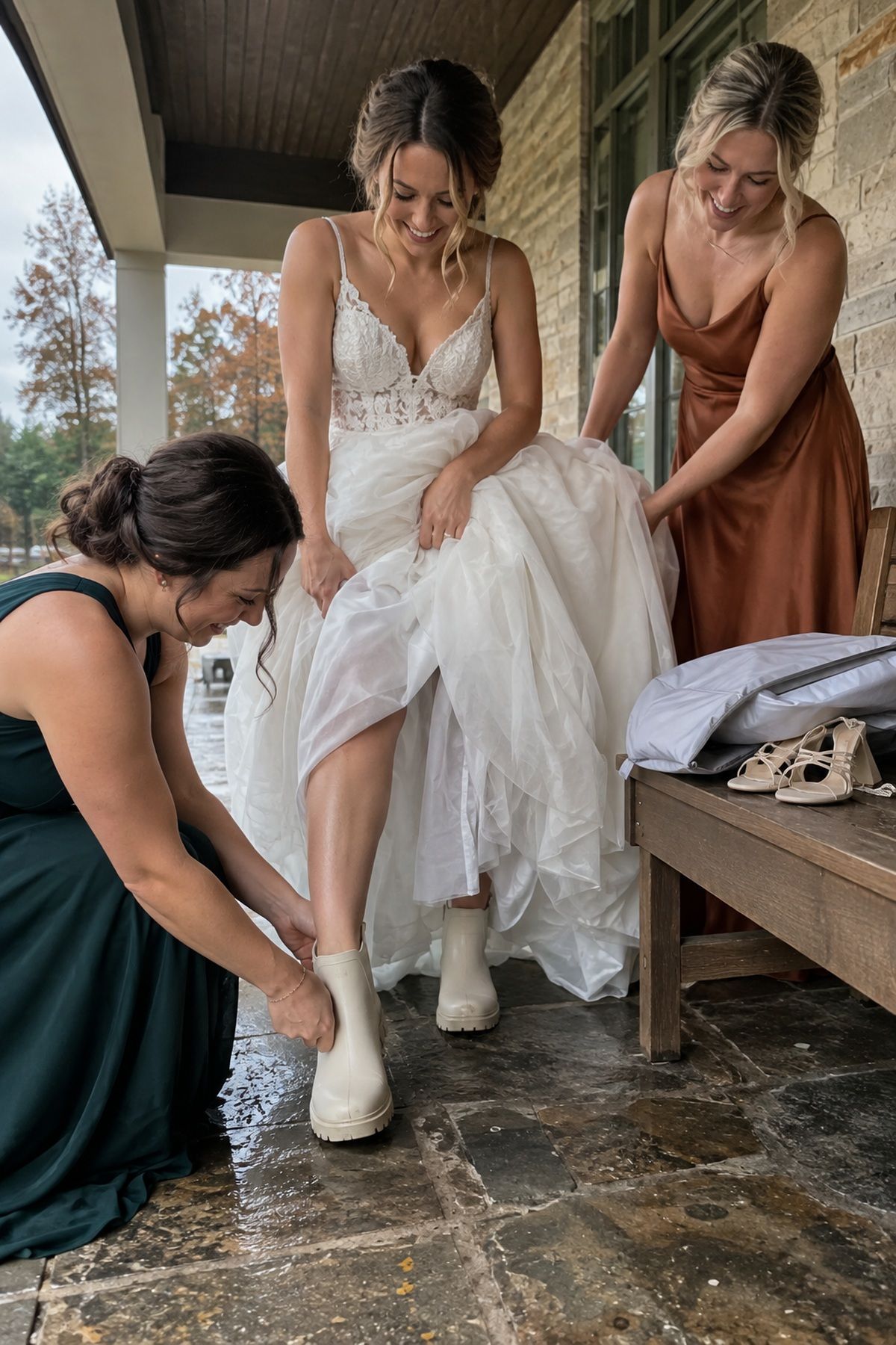 Bridesmaids help a bride protect her shoes and dress hem before rainy portraits.