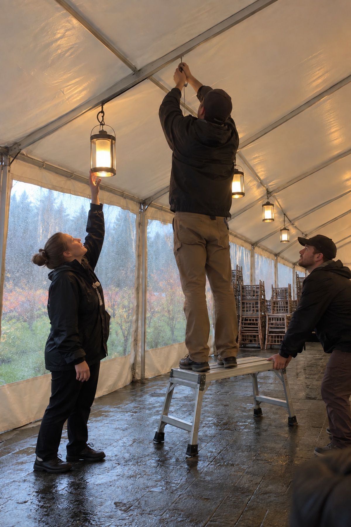 Workers hang battery lanterns safely inside a dark rainy wedding tent before guests arrive.