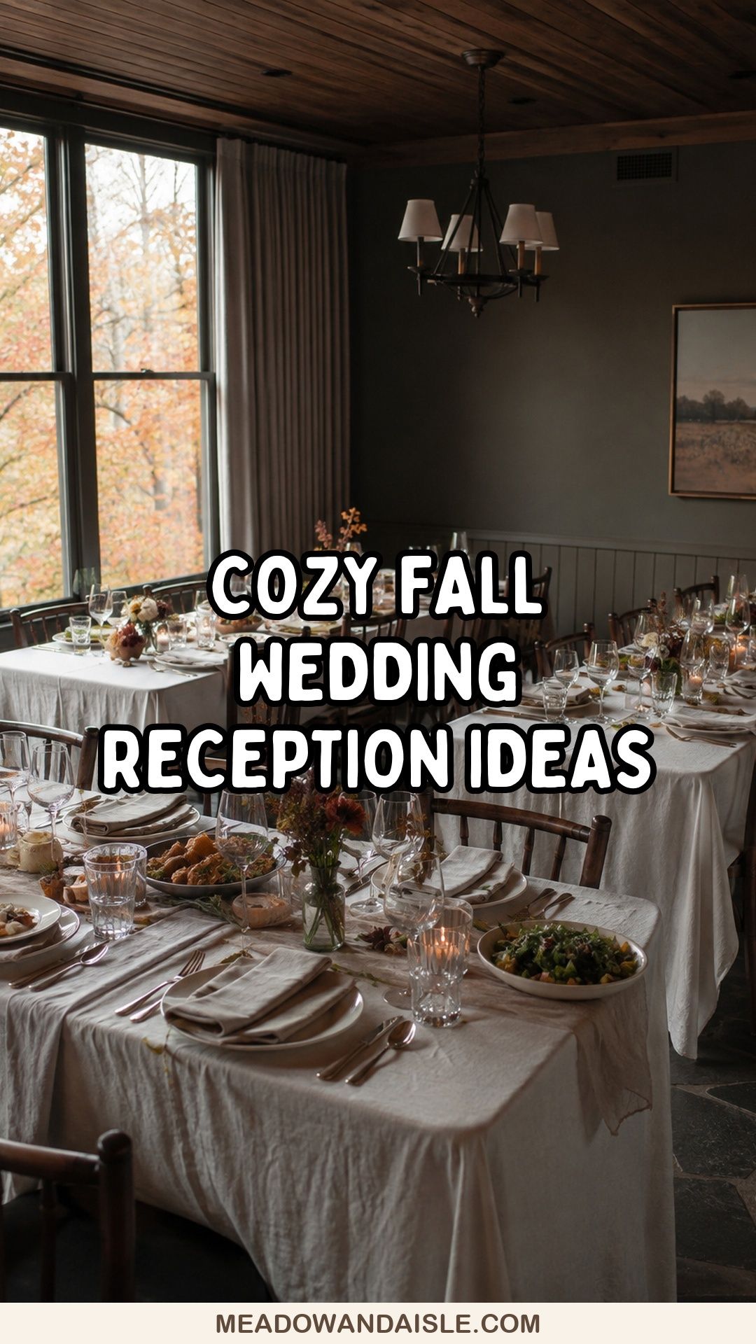 Cozy fall wedding reception ideas pin with autumn dinner tables