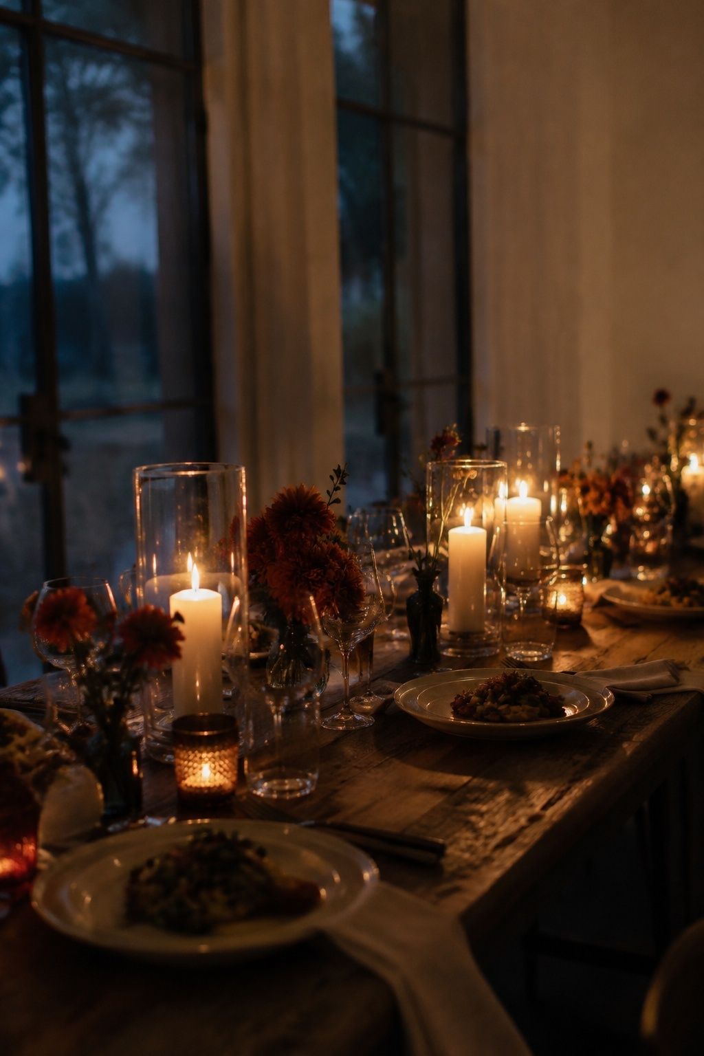Amber votives and enclosed candles lighting a fall wedding dinner table