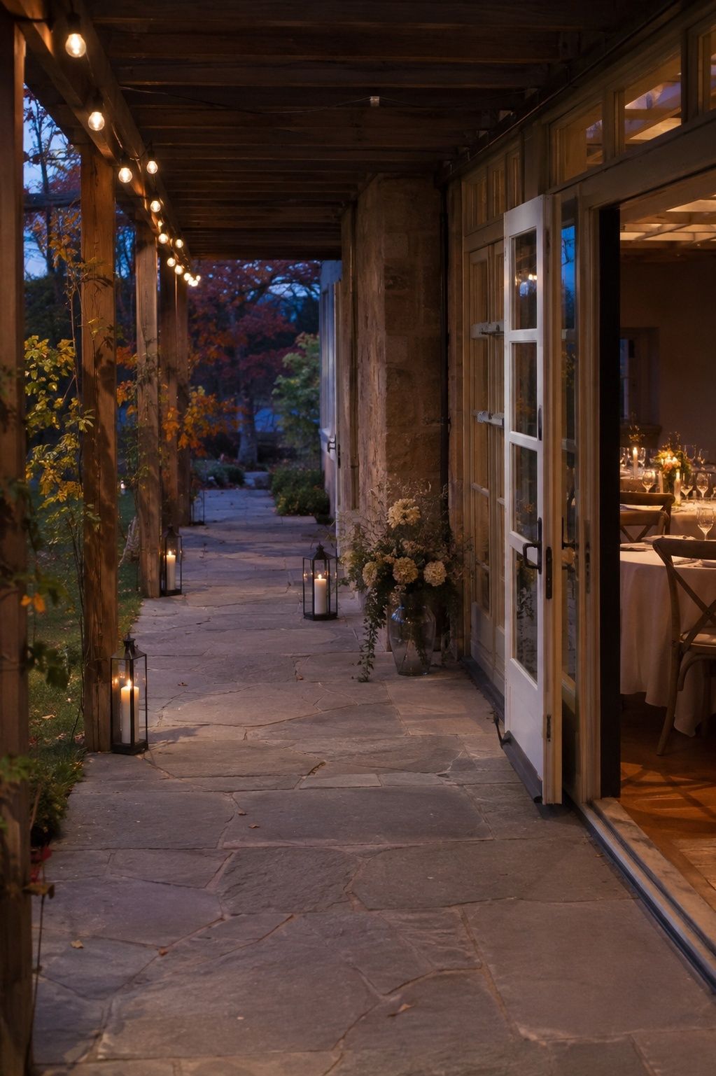 Warm string lights marking a covered walkway beside an autumn reception