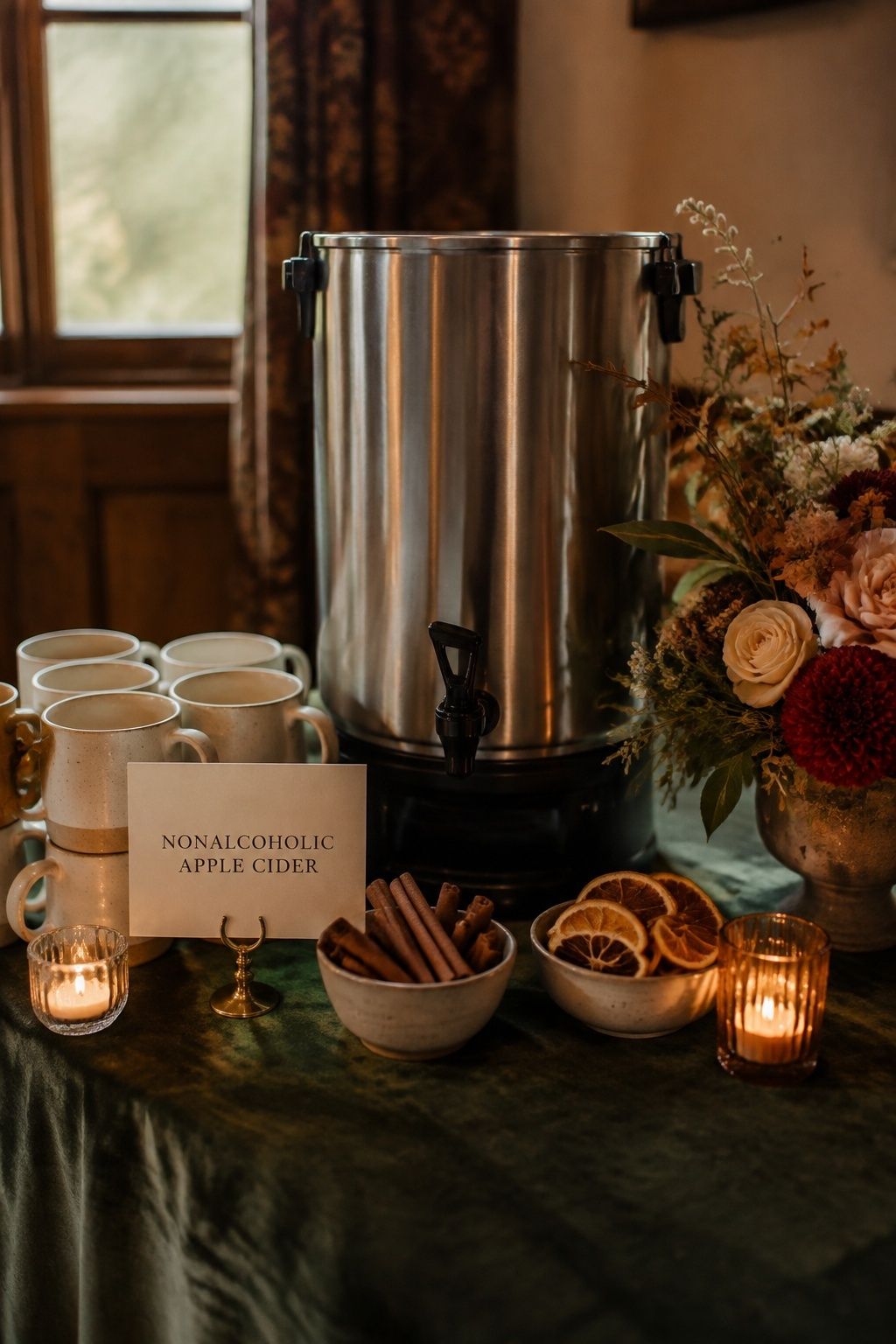 Warm nonalcoholic apple cider station with ceramic mugs, cinnamon and citrus