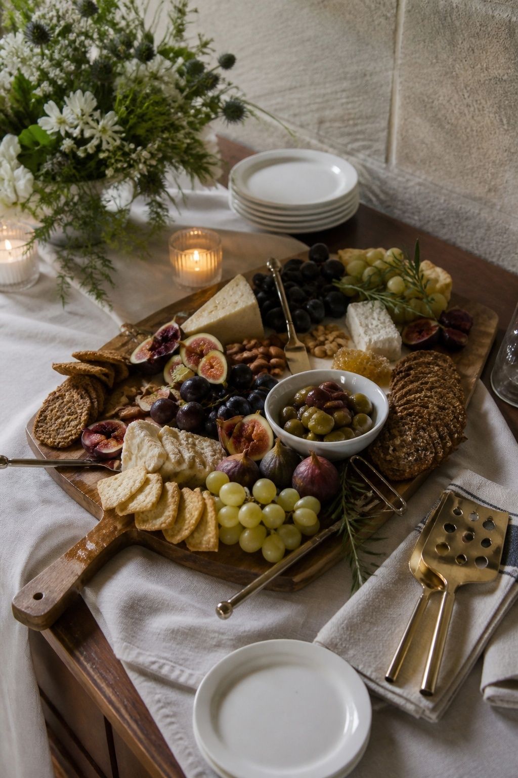 Fall wedding grazing board with figs, grapes, cheese, olives and crackers