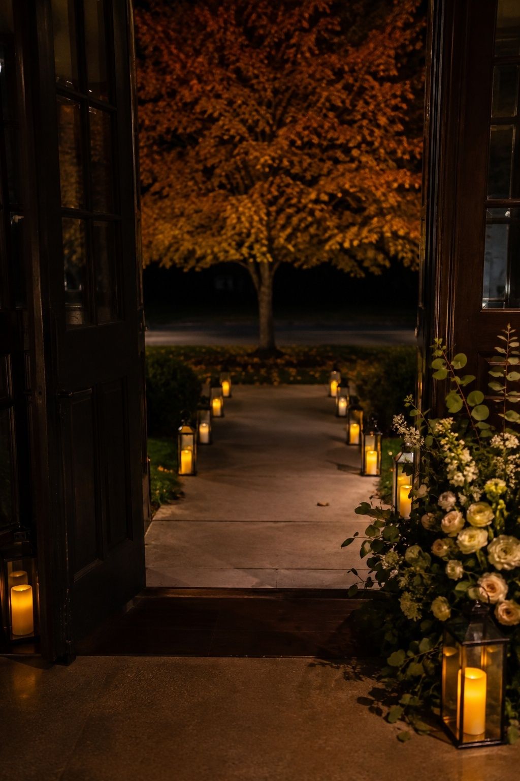 Lantern-lined wedding exit with flameless candles and a clear central path
