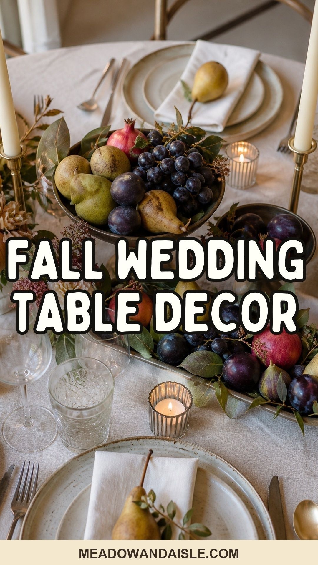 Fall wedding table decor Pinterest pin with autumn reception table background