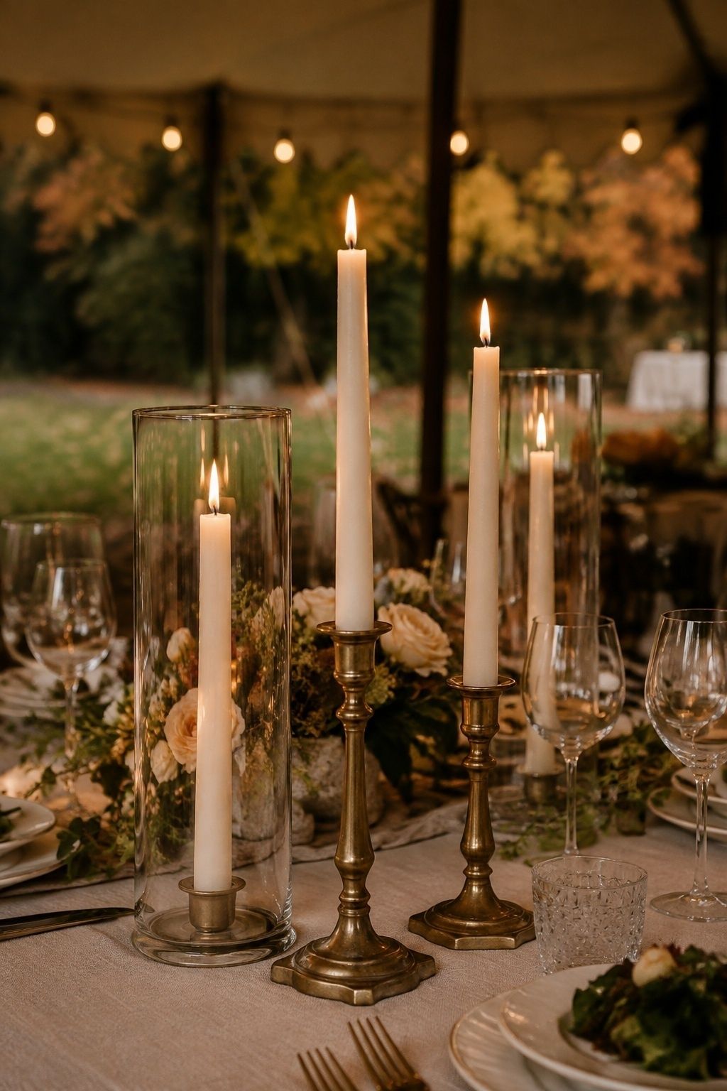 Taper candles in stable holders and hurricanes