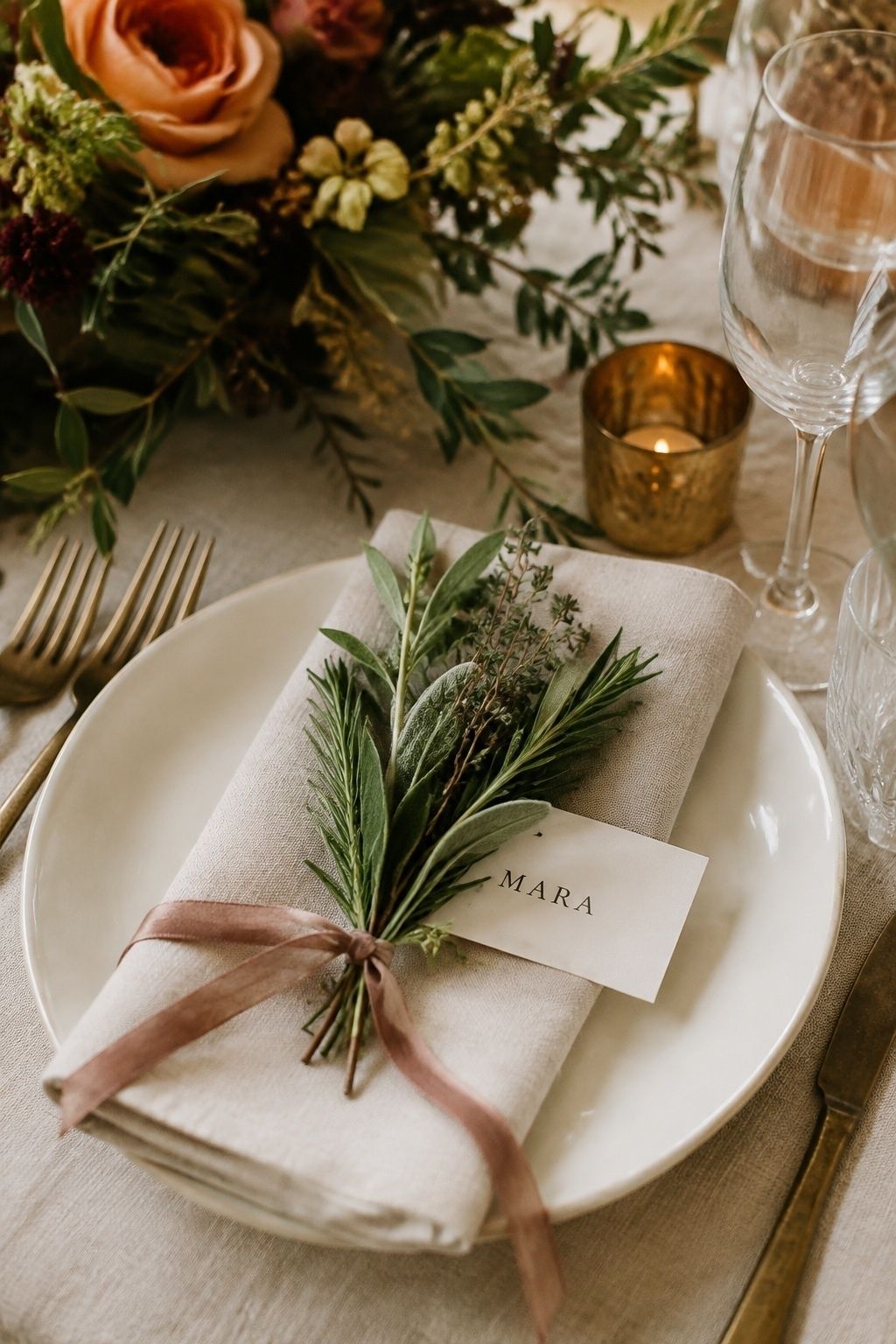 Herb sprigs at each place setting