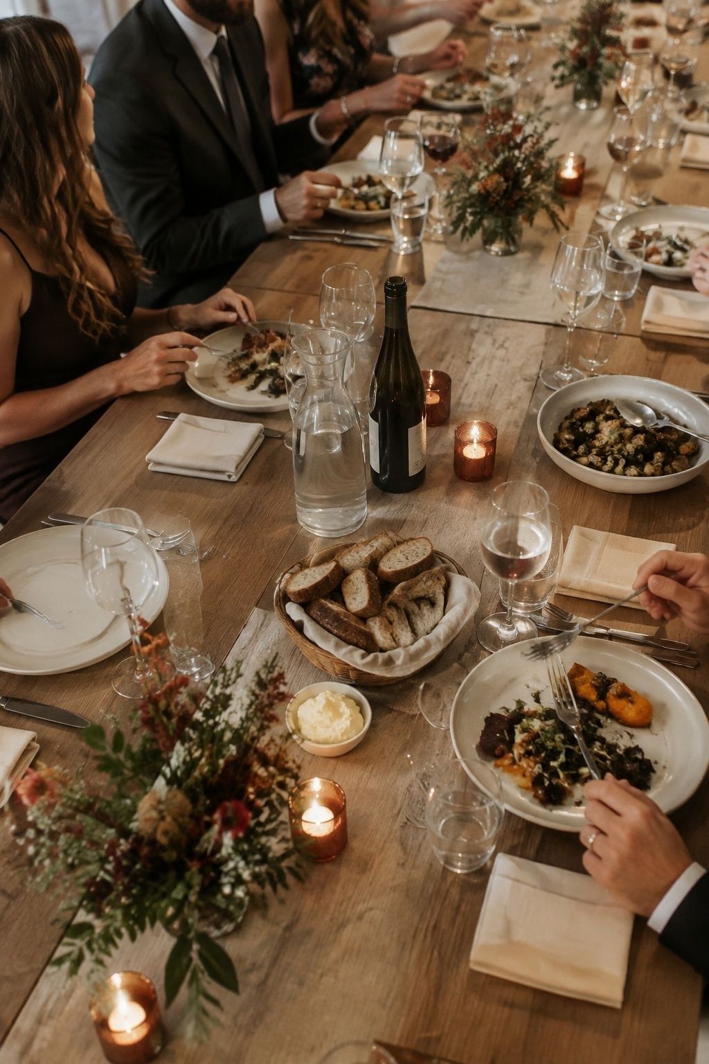 Table space left for glassware, bread and shared plates