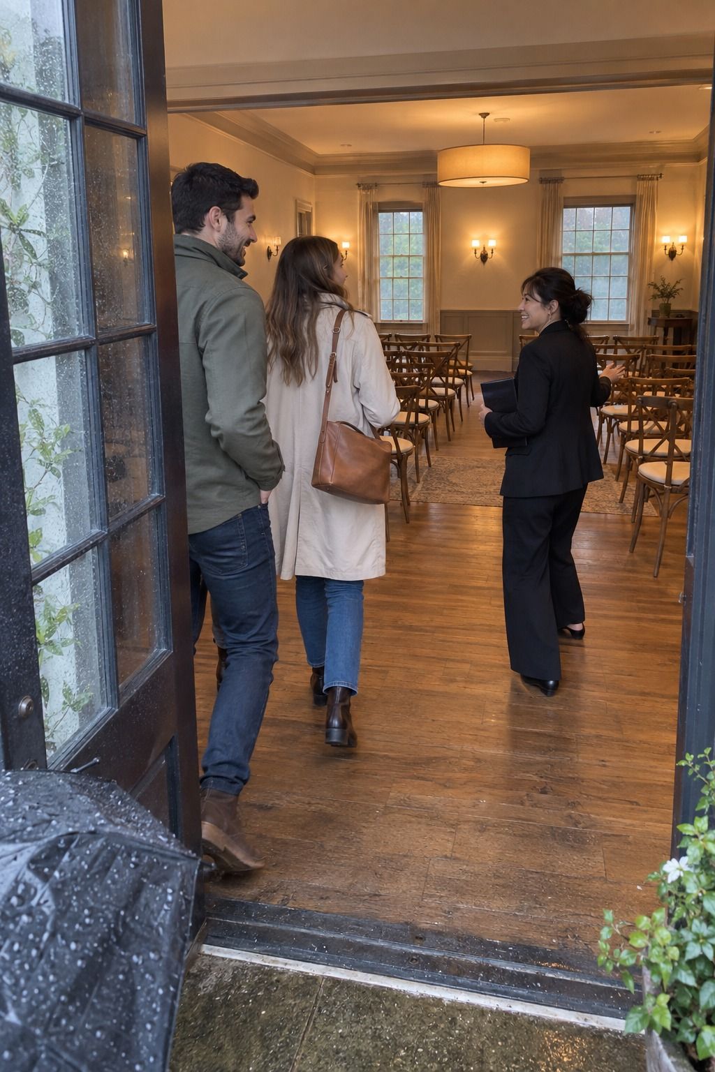 A couple evaluates an inviting indoor ceremony room as their wet-weather backup.