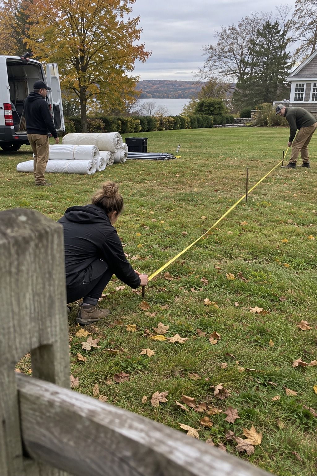 A rental crew measures the venue lawn early for a reserved tent option.