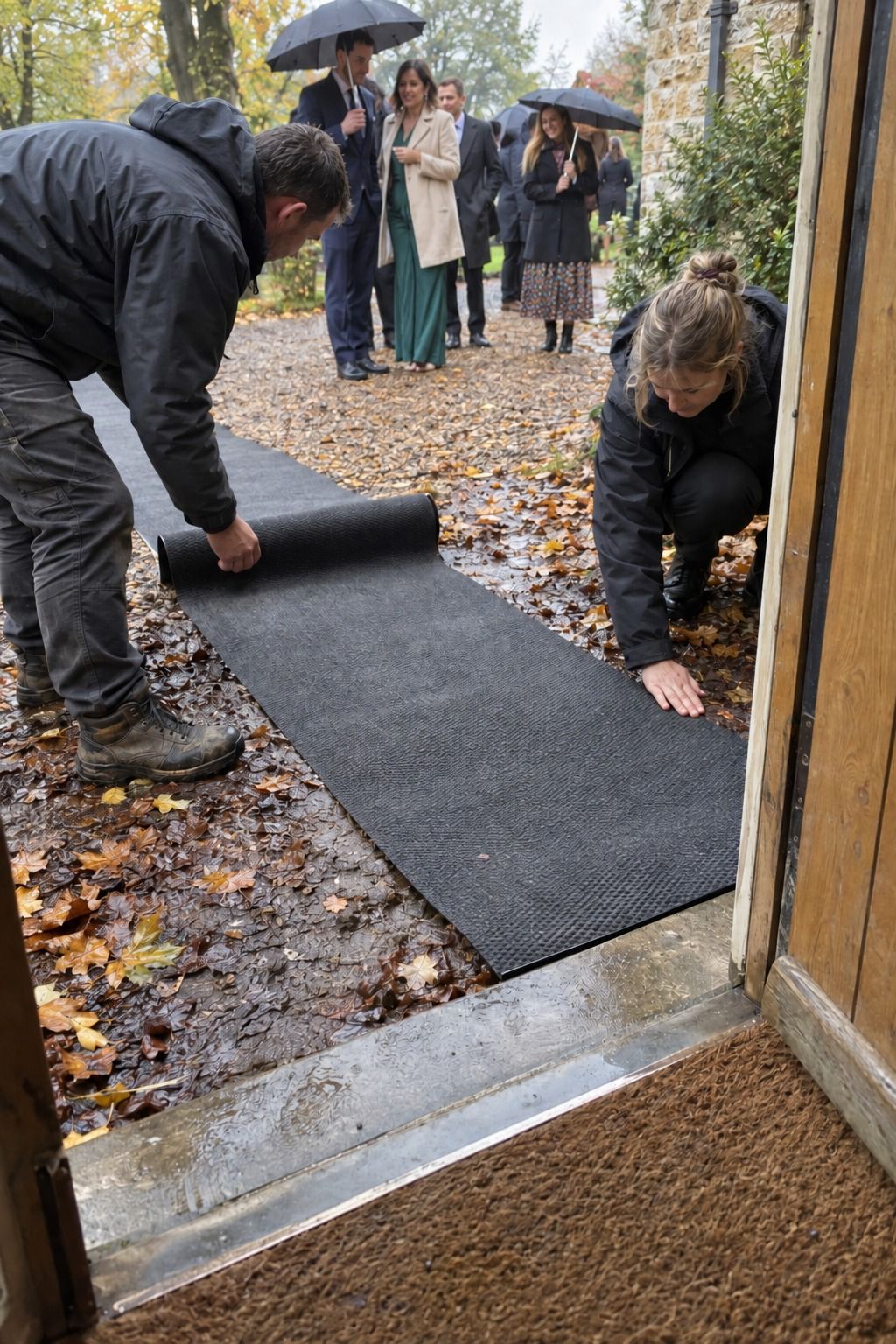 Venue helpers install a flat non-slip runner over wet leaves and mud at the entrance.