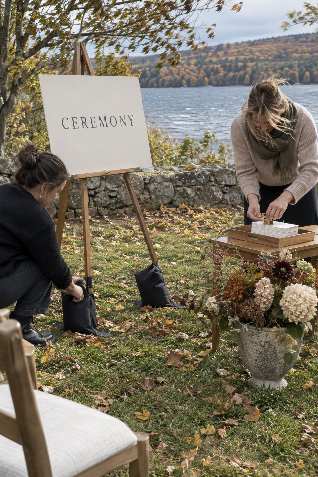 Helpers secure the ceremony sign, programs, and a heavy floral vessel against wind.