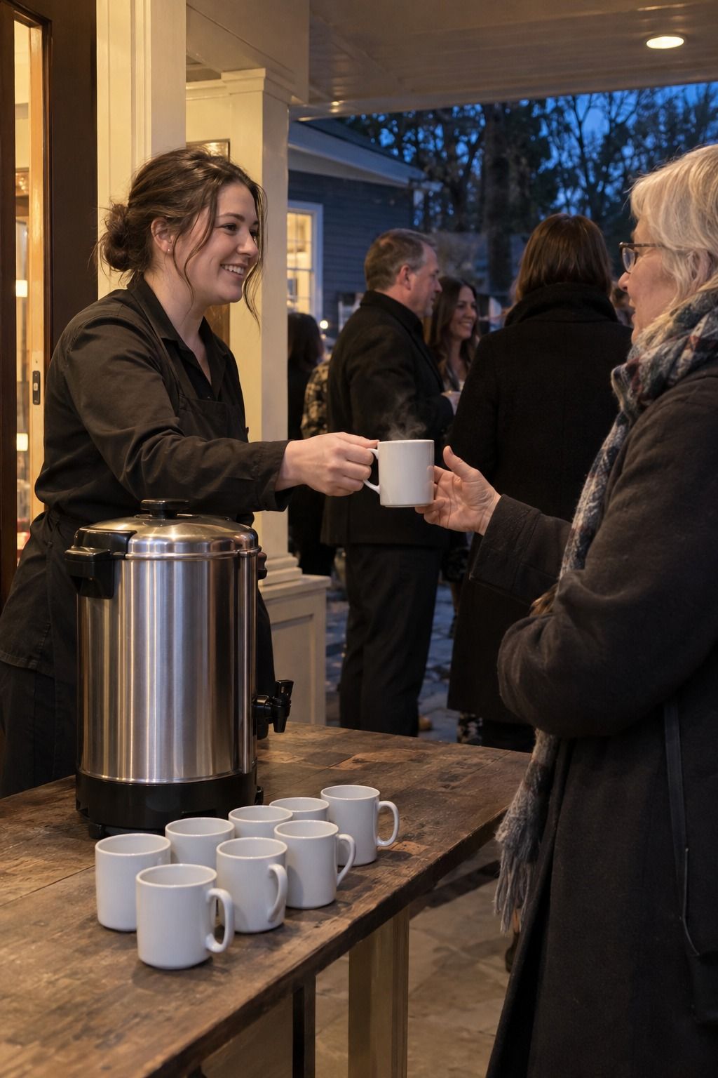 A server safely hands a hot drink to a bundled guest as temperatures drop.
