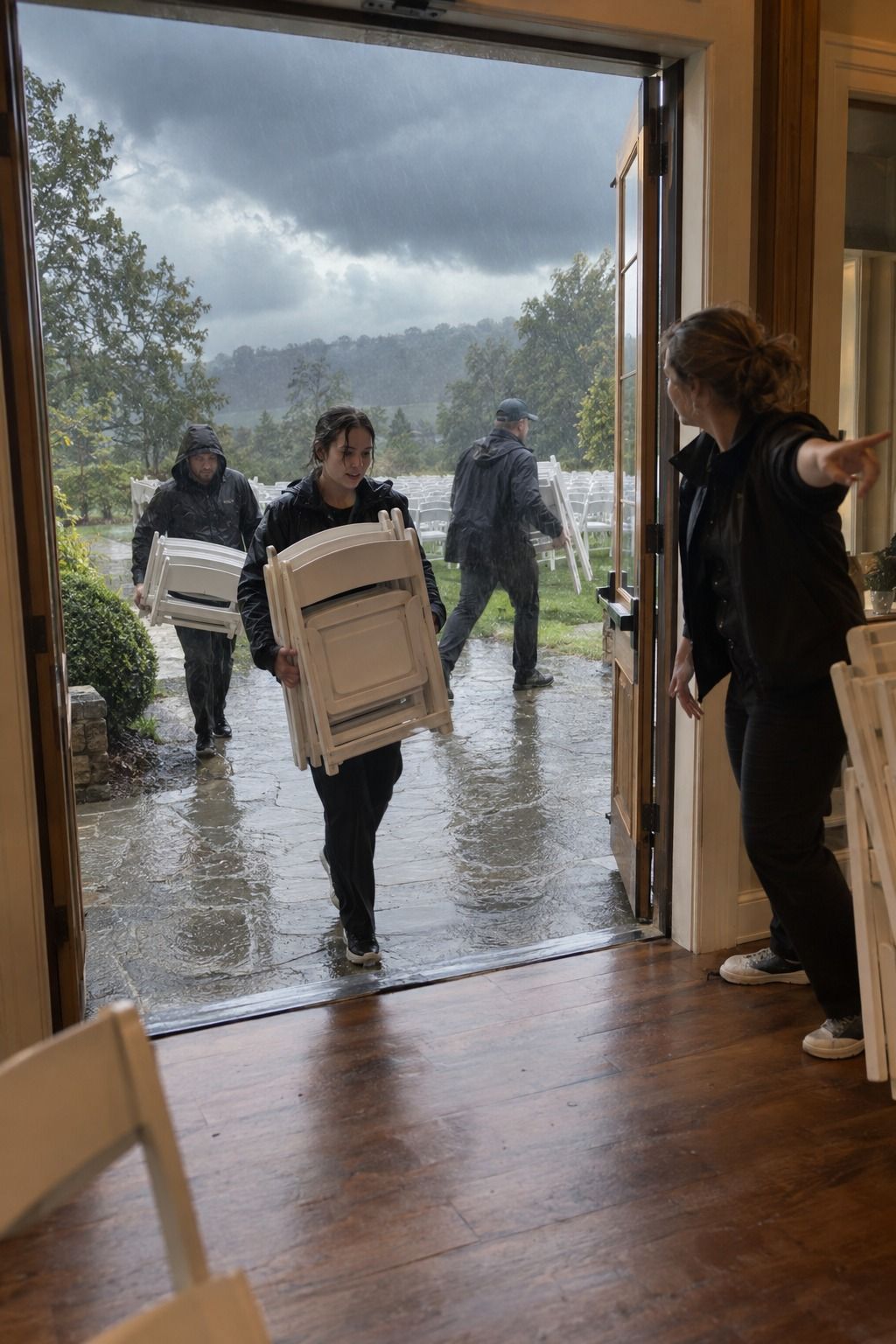 Heavy rain visibly triggers the team to move ceremony chairs into the indoor backup.