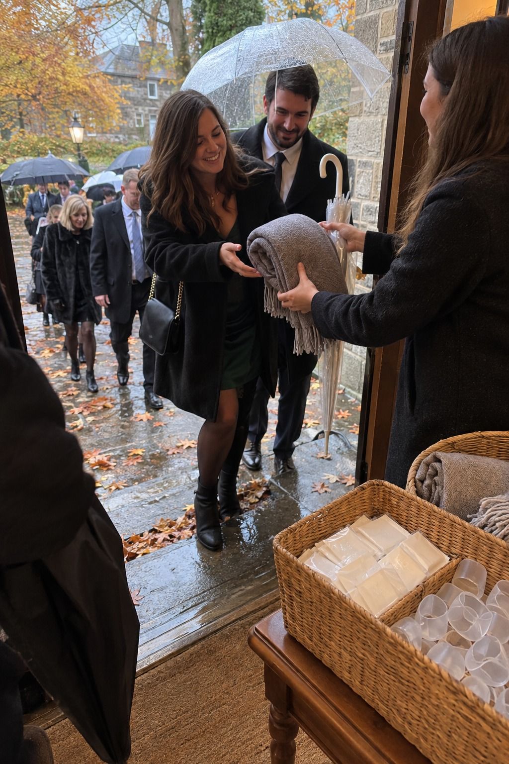 An arrival station makes clear umbrellas, blankets, hand warmers, and heel protectors immediately available.