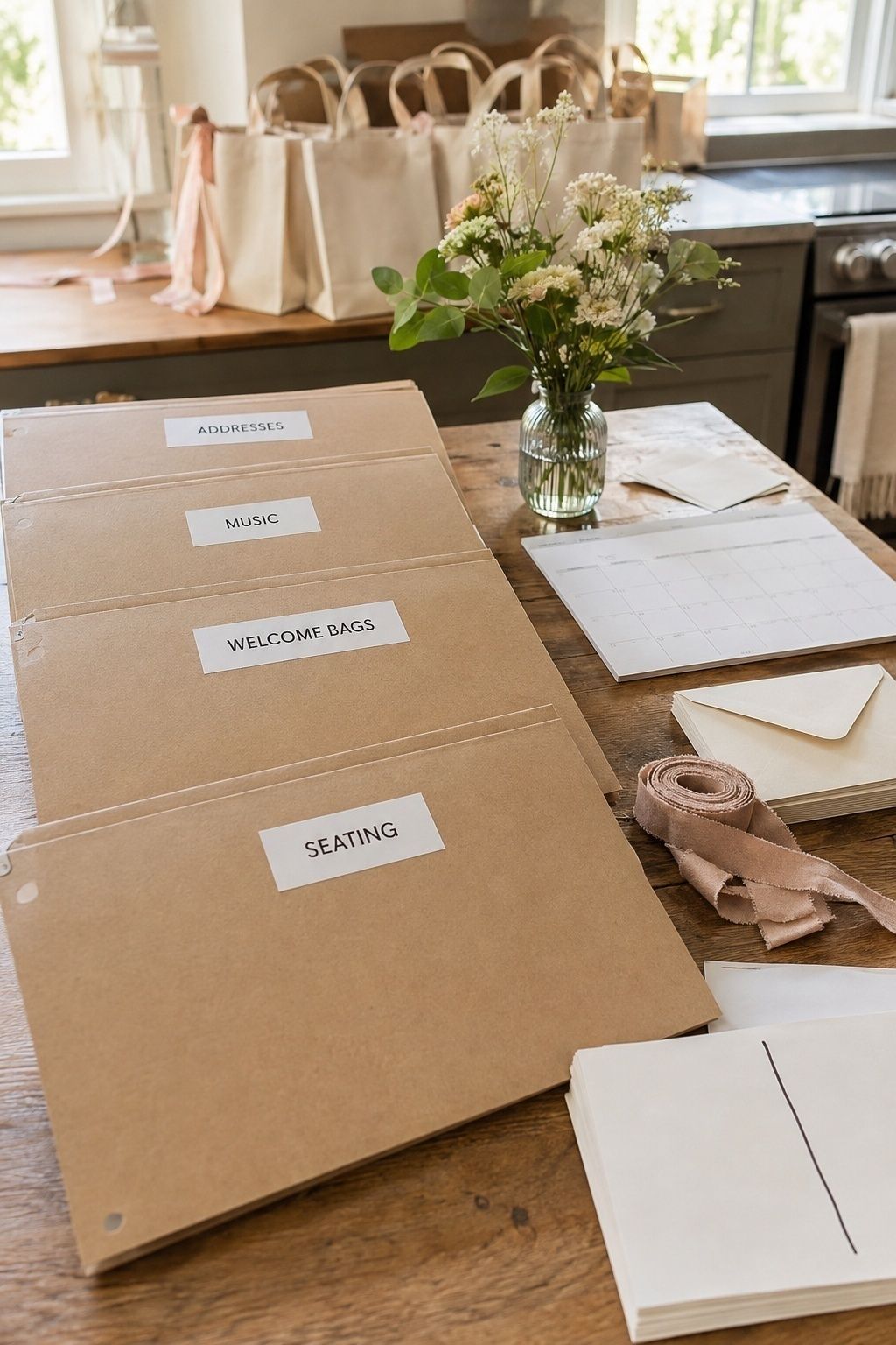 Labeled wedding planning folders that give family members clear areas to help