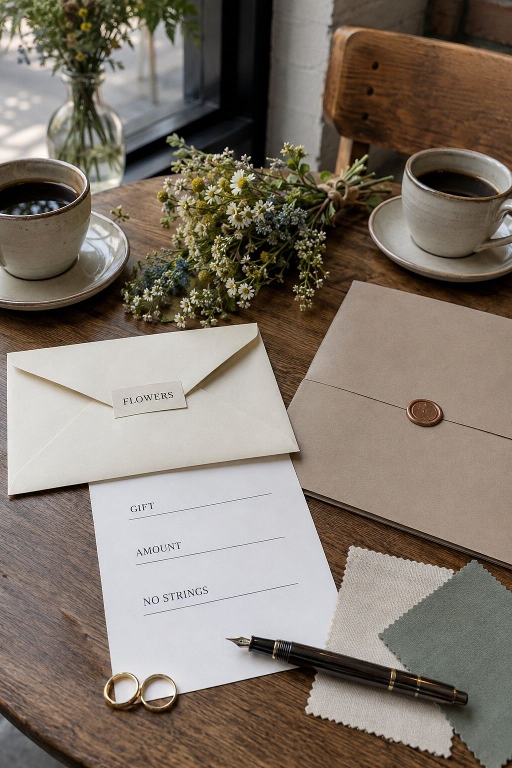 Wedding contribution terms clarified with a flower envelope, calculator, and no-strings gift sheet