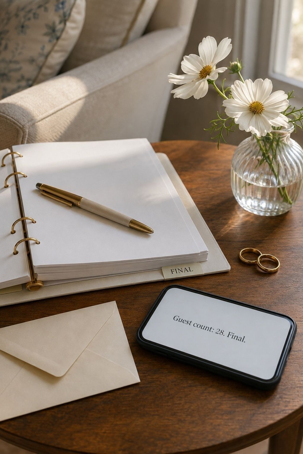 Phone and wedding binder confirming a final guest count in writing