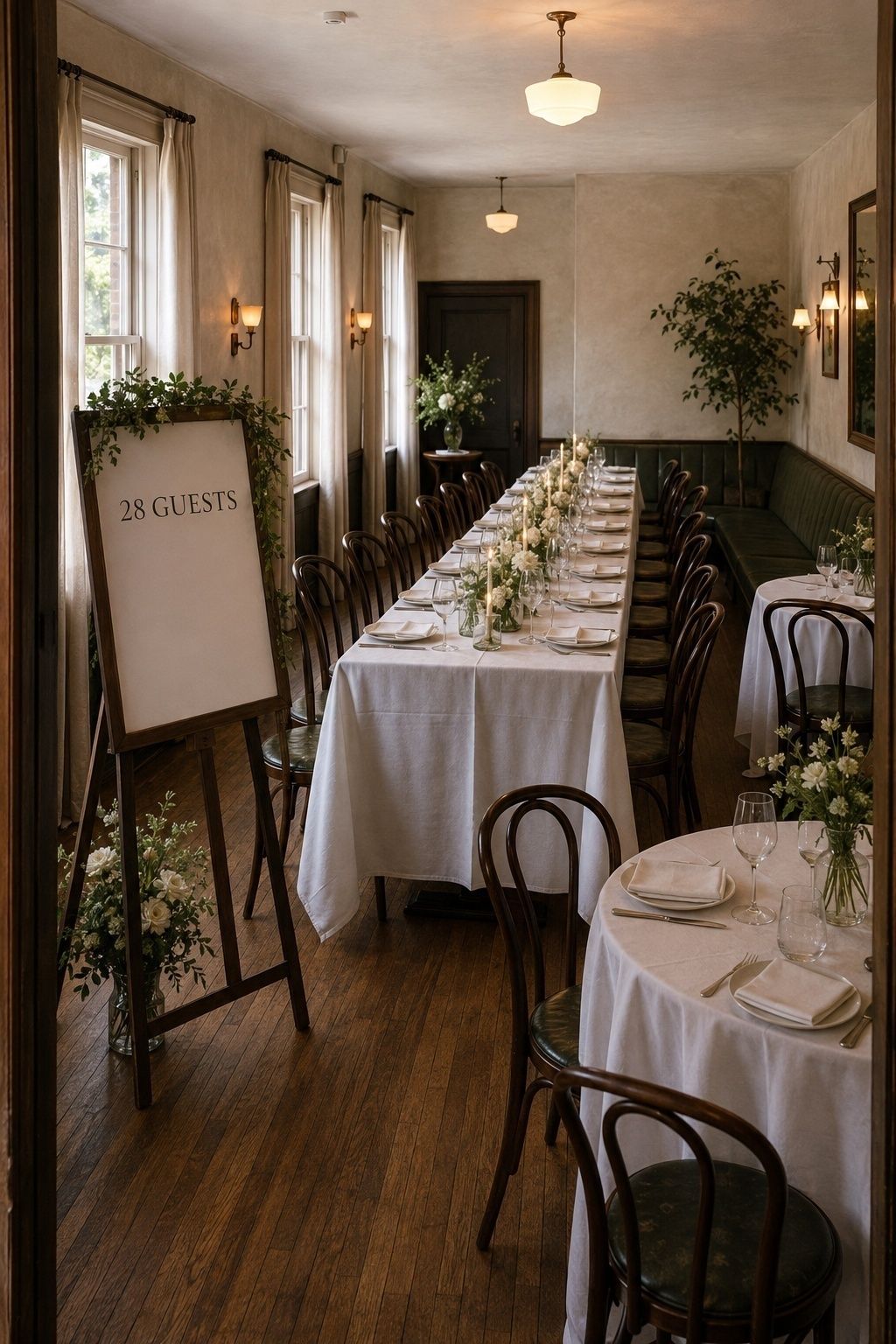 Intimate private dining room set for 28 guests to protect a small wedding guest limit
