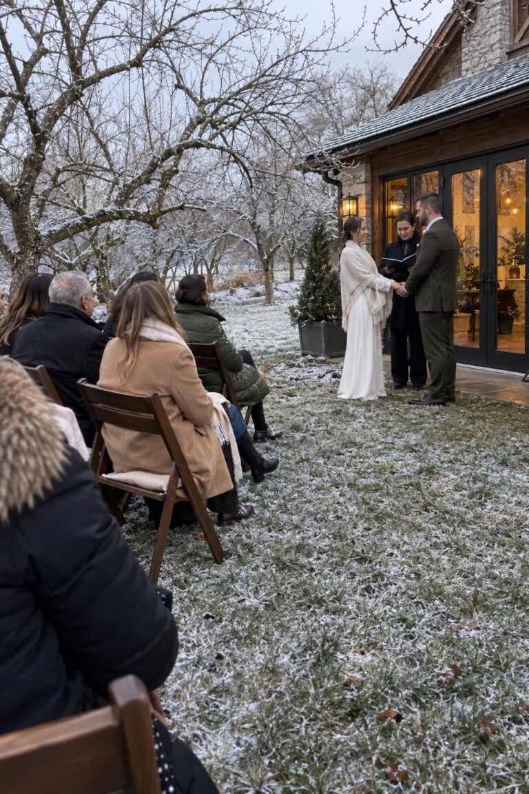 Brief February outdoor wedding vows beside a warm inn entrance