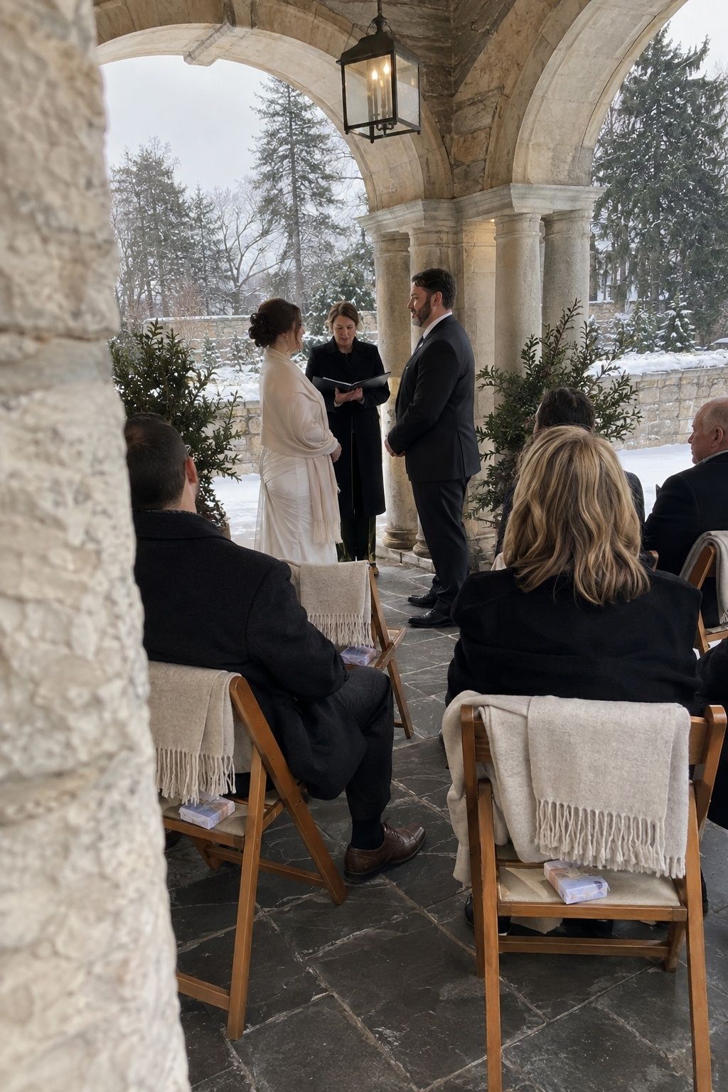 Short sheltered February wedding ceremony beneath a stone portico
