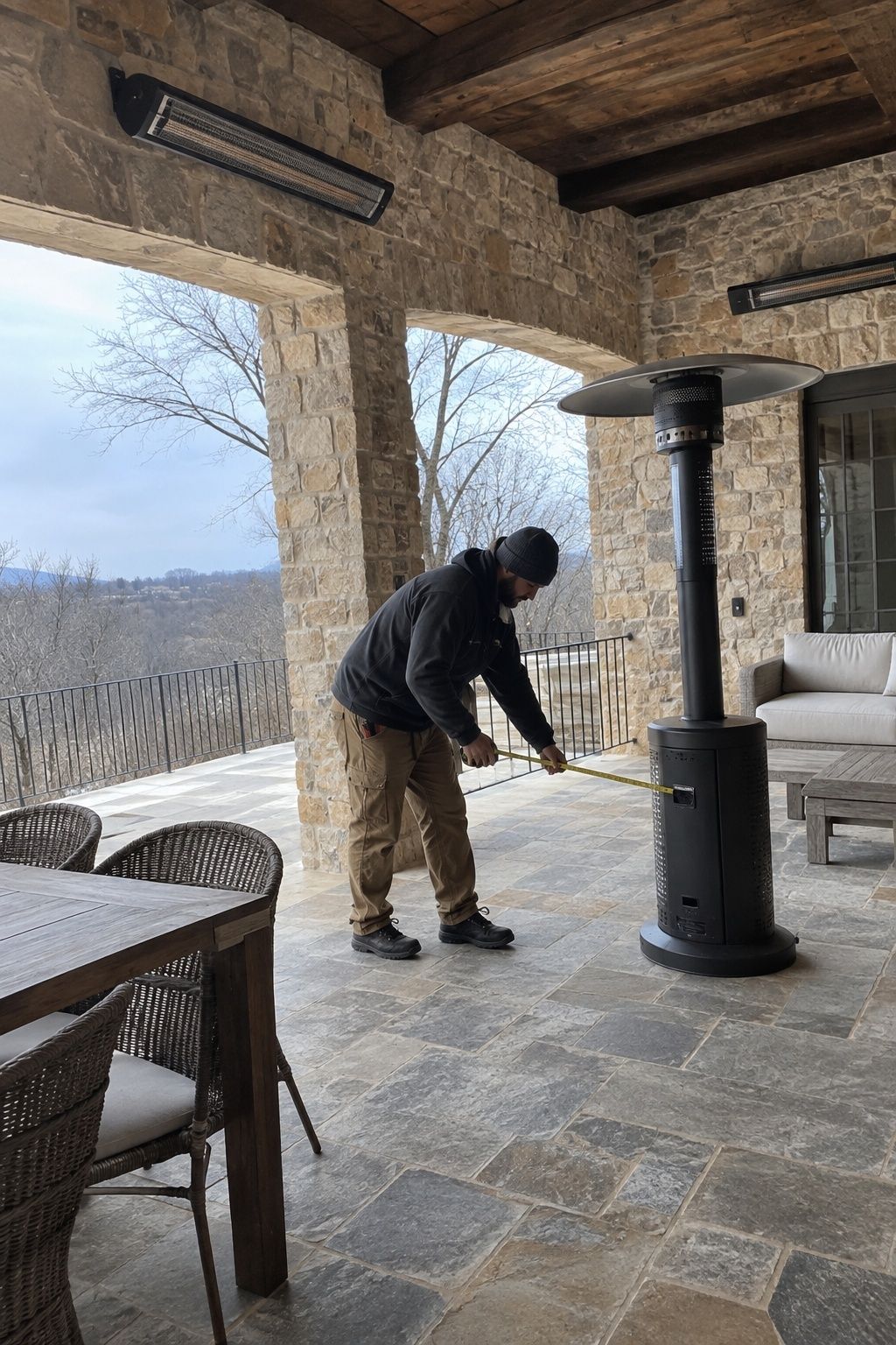 Rental technician checking safe electric heater spacing on an open February wedding terrace