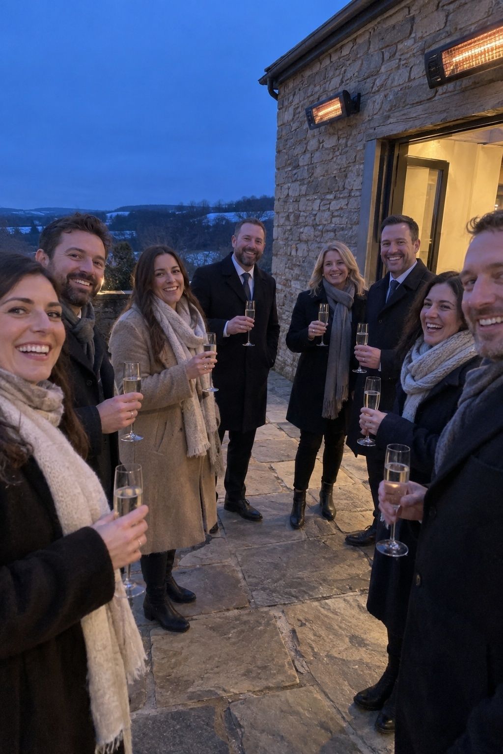 Brief heated February wedding patio toast beside an open indoor doorway