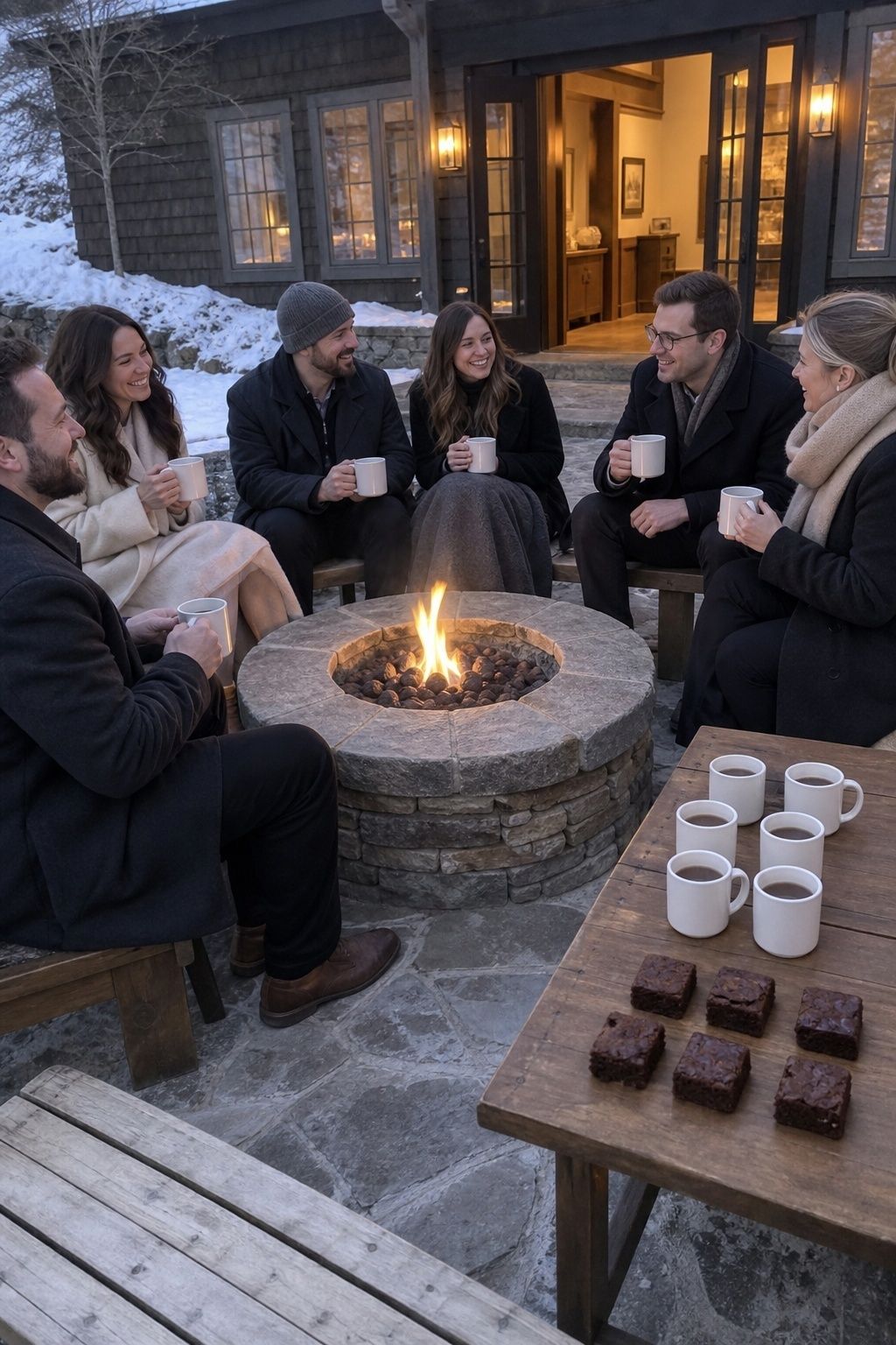 Short February wedding fire pit dessert near a warm inn doorway