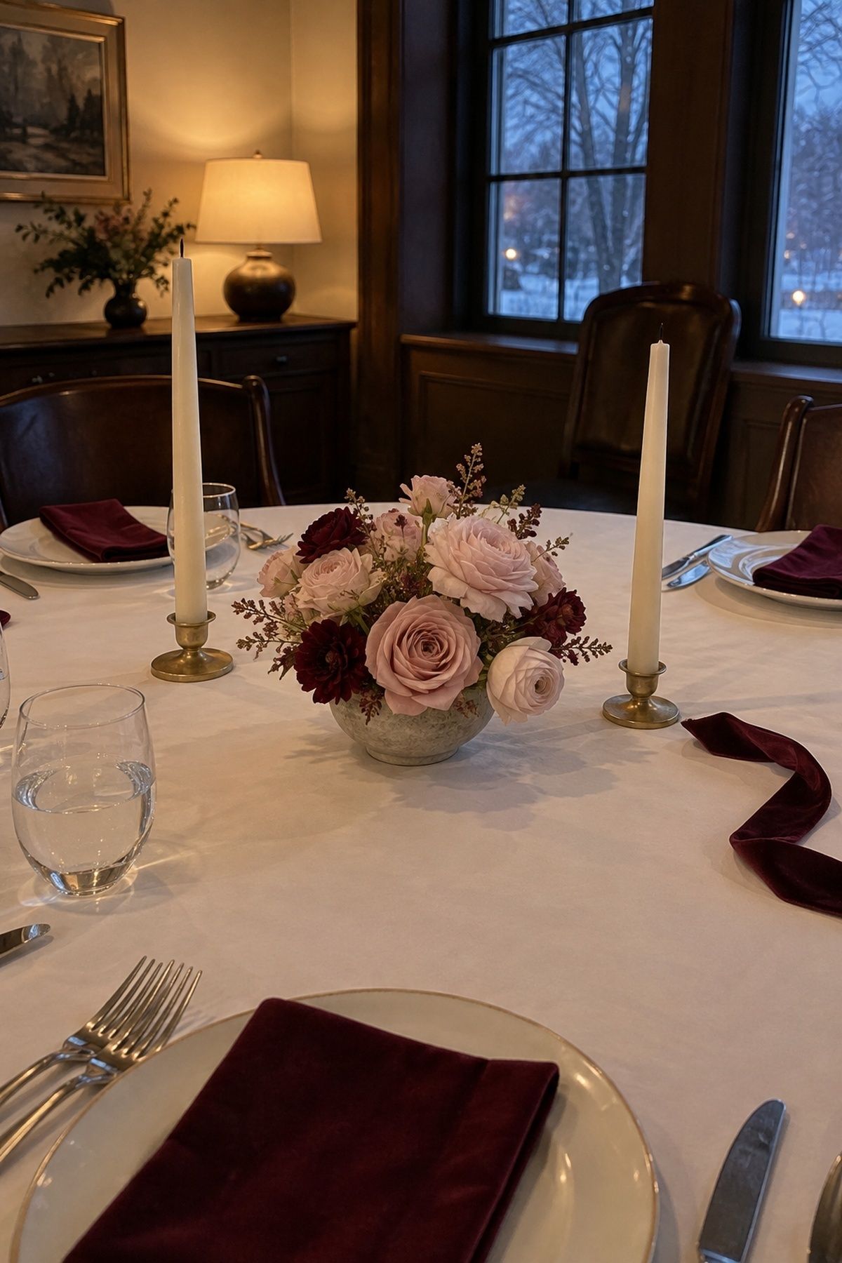 Burgundy, blush and candlelit ivory wedding palette