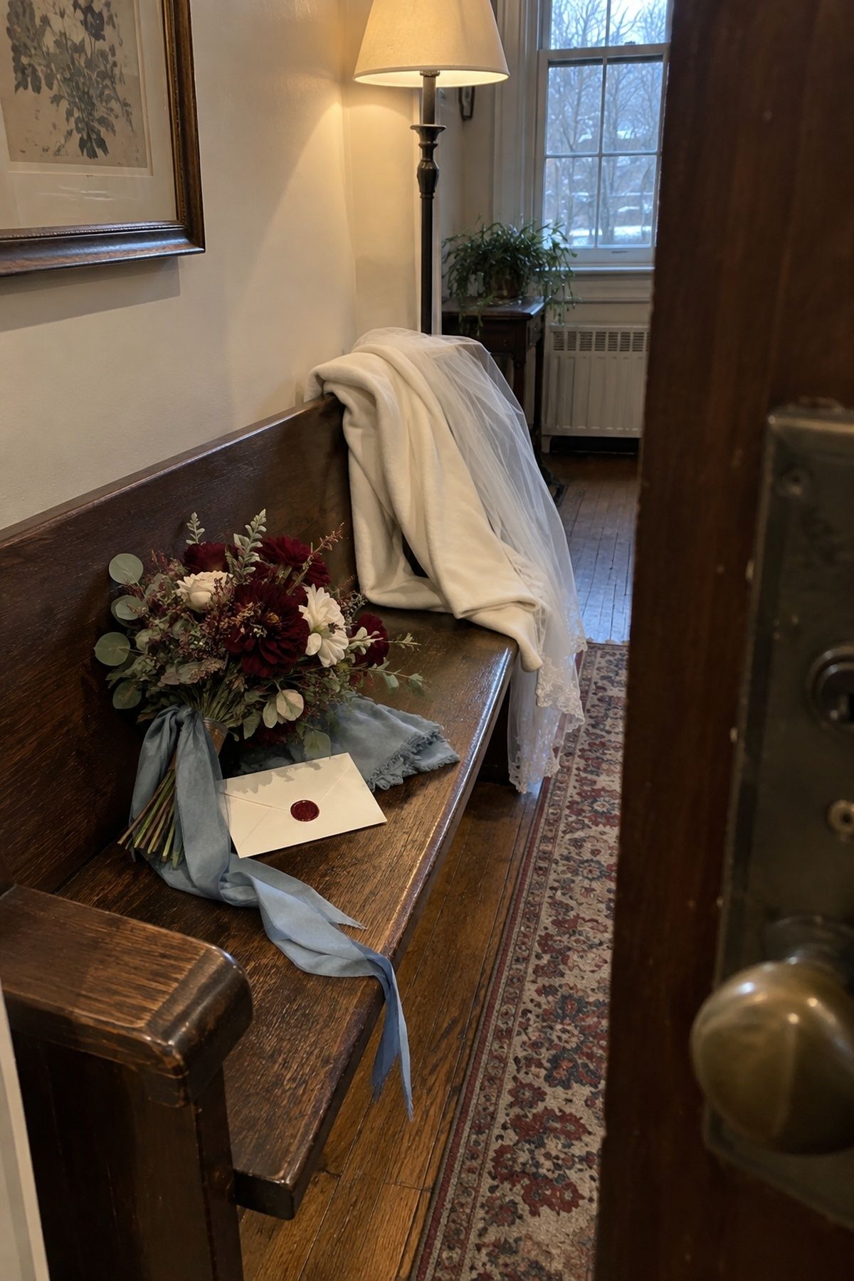 Cabernet, dusty blue and ivory wedding colours