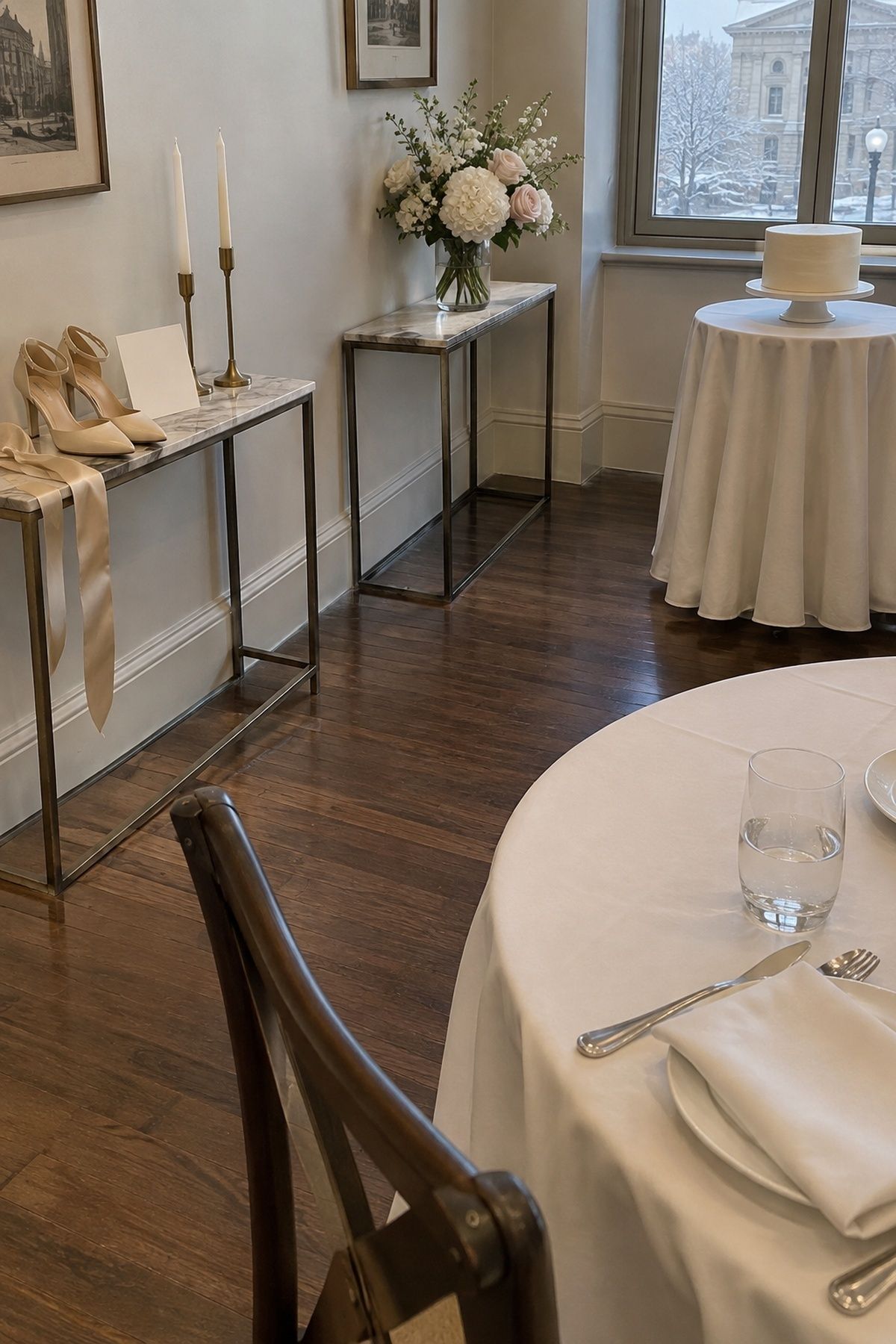 Champagne, white and soft blush colour scheme