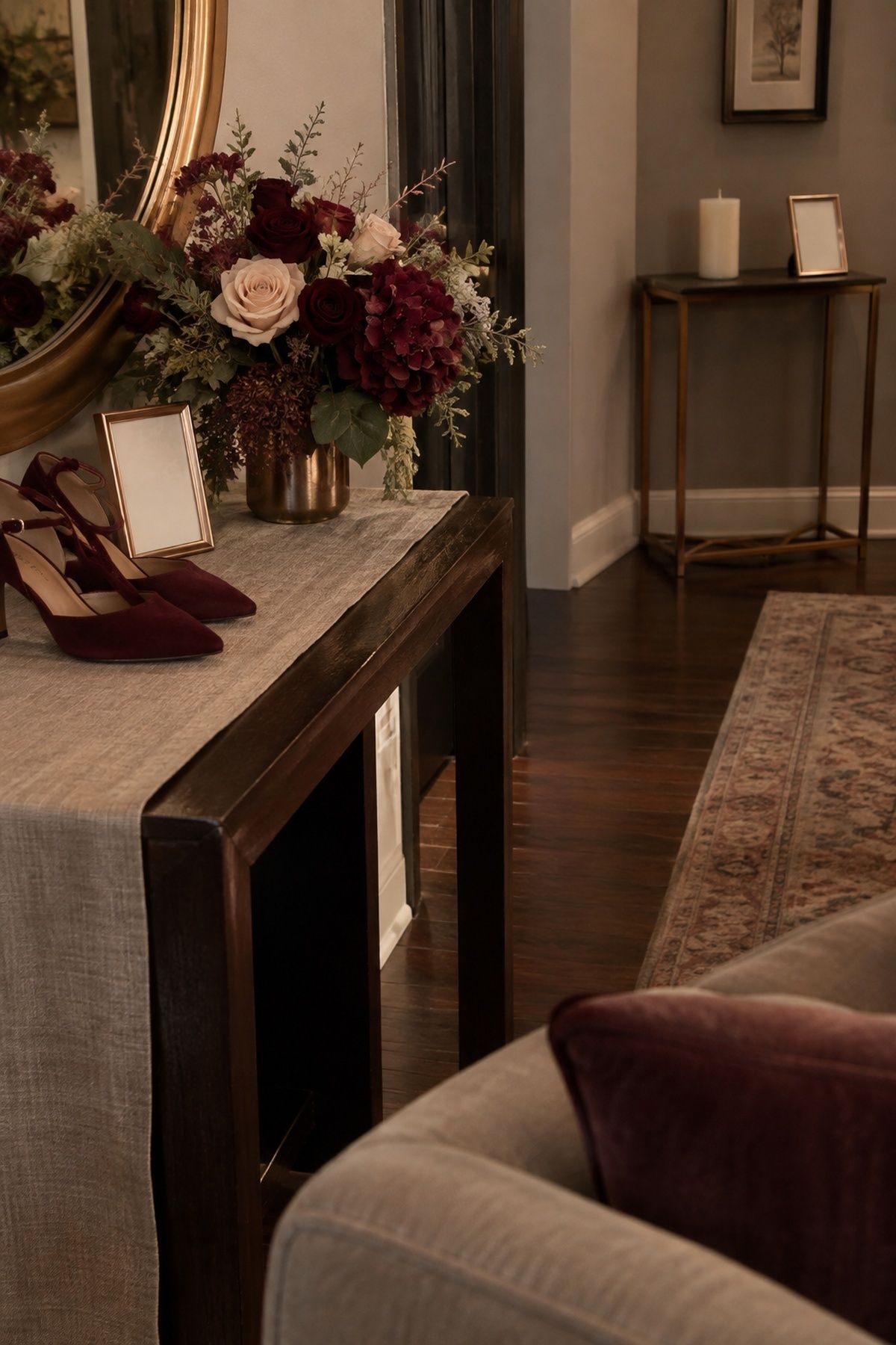Oxblood, taupe and rose gold wedding colours