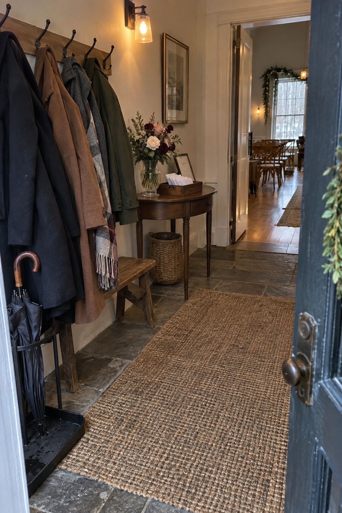 February wedding entry styled around coats and bags