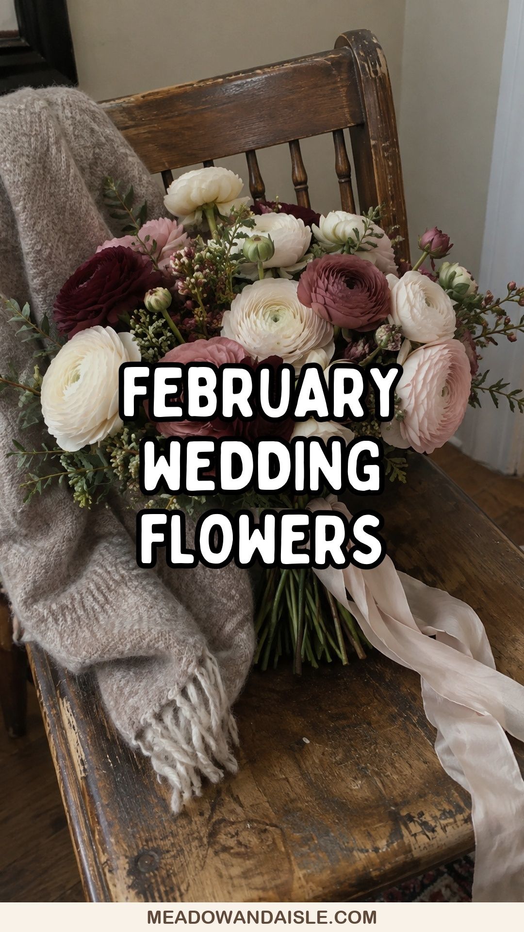 February wedding flowers Pinterest pin with layered ranunculus bouquet