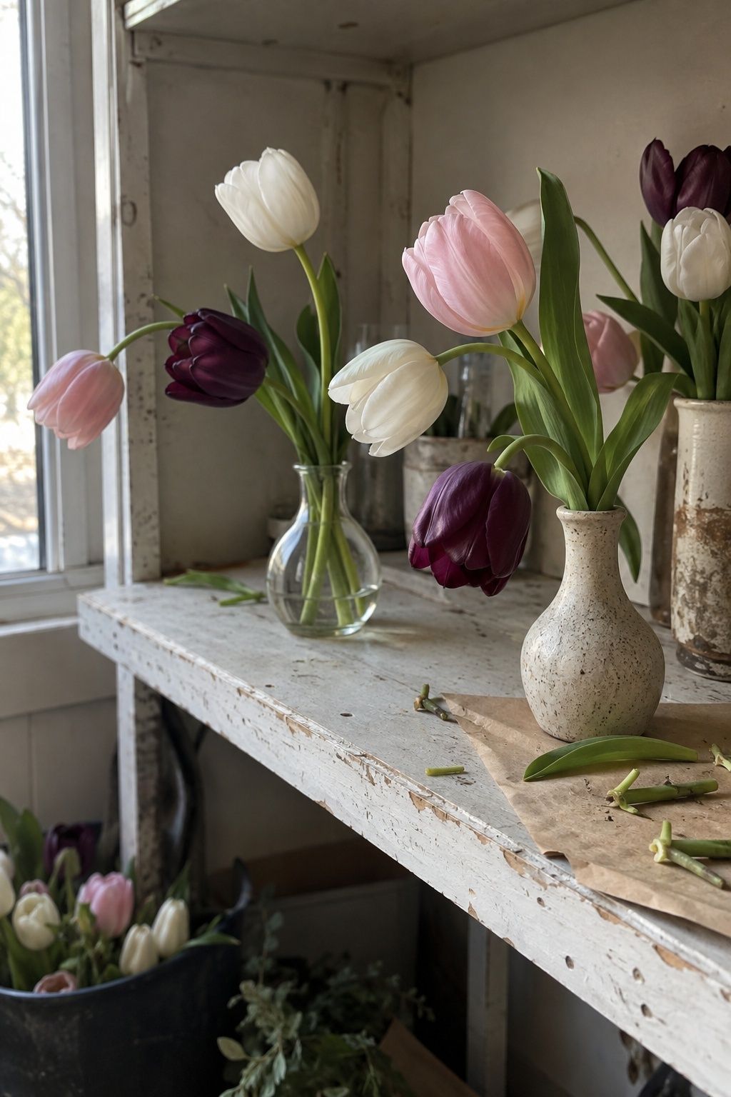 Forced tulips with loose, moving stems