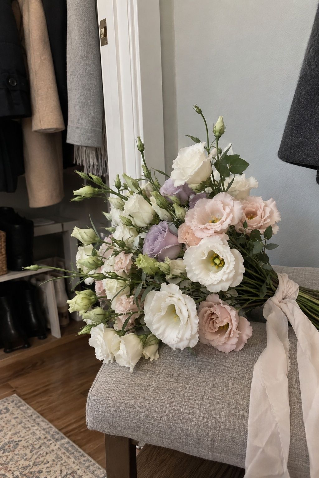 Airy lisianthus in a February arrangement