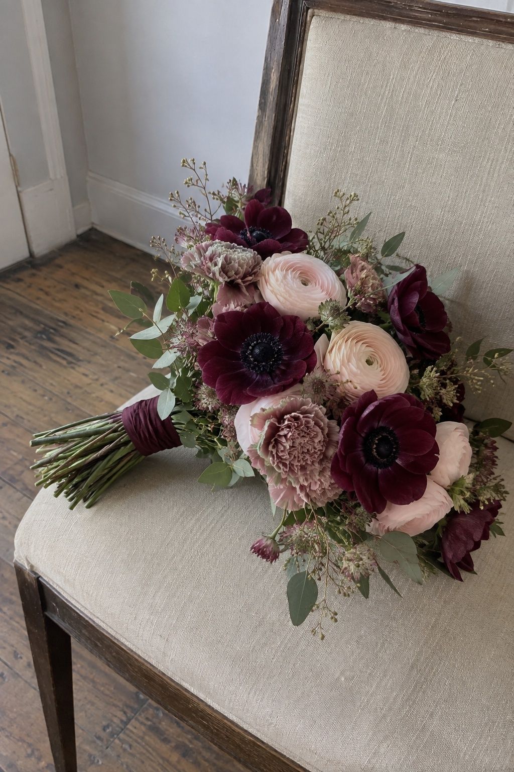 Burgundy and blush winter flower mix