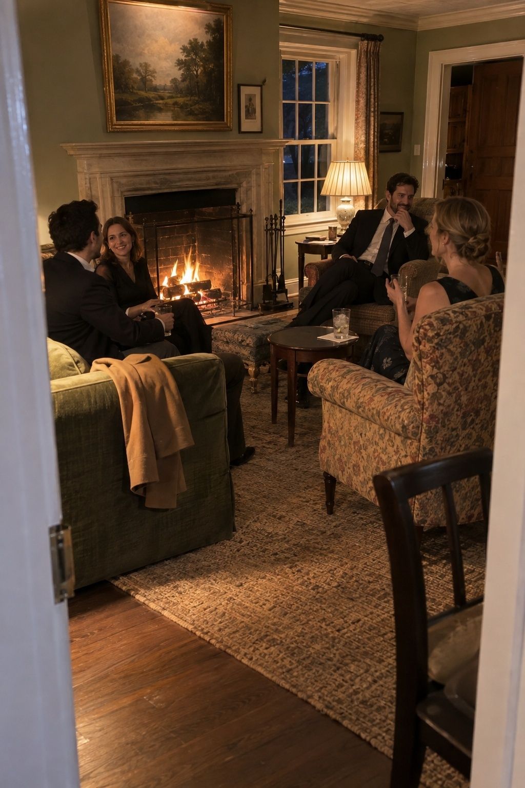 Fireplace lounge corner at a February wedding