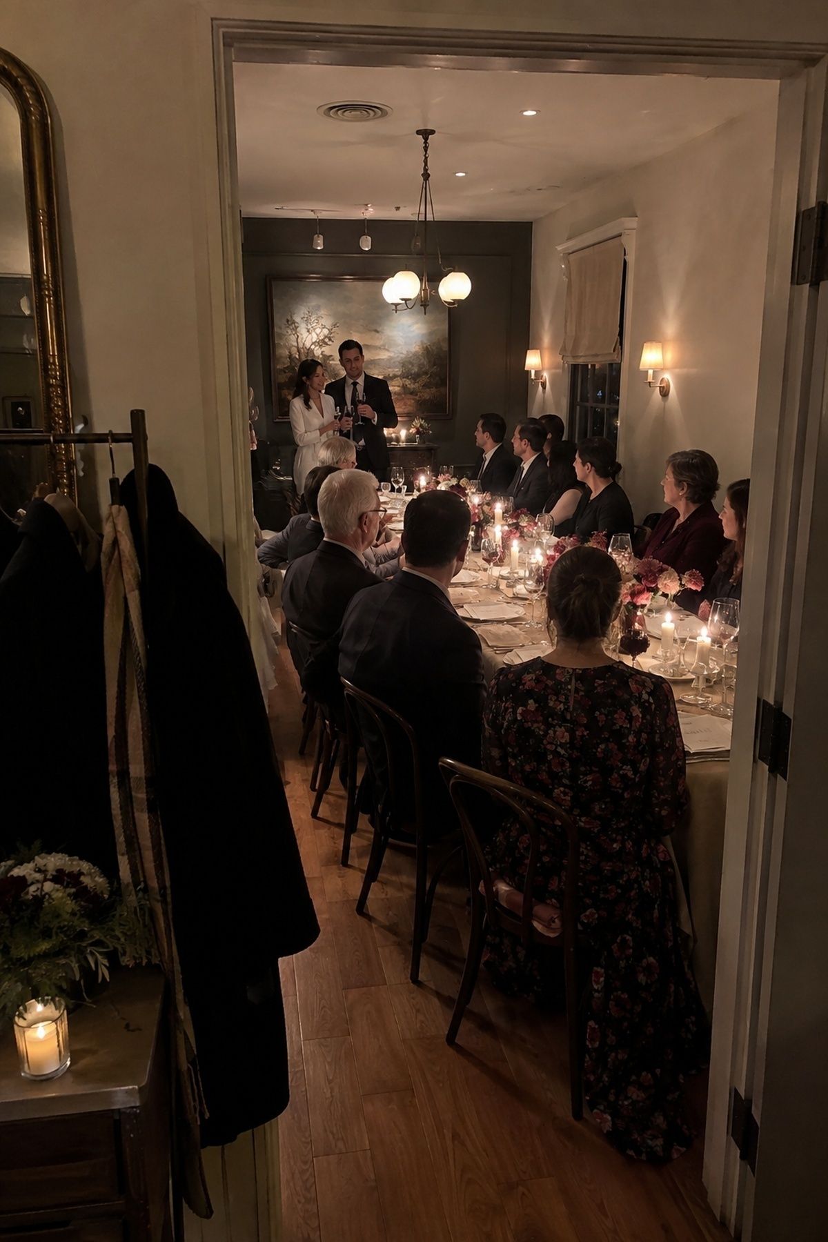 Private restaurant dining room set for a February reception