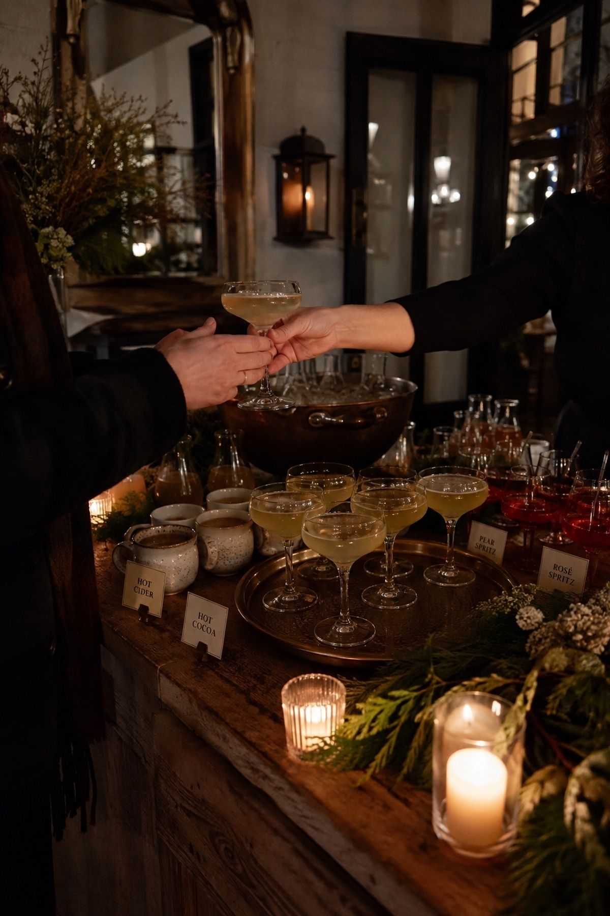 Champagne and warm signature drinks on arrival