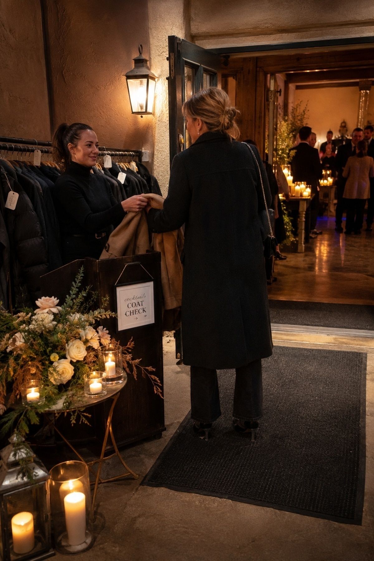 Coat check and arrival area for a winter wedding