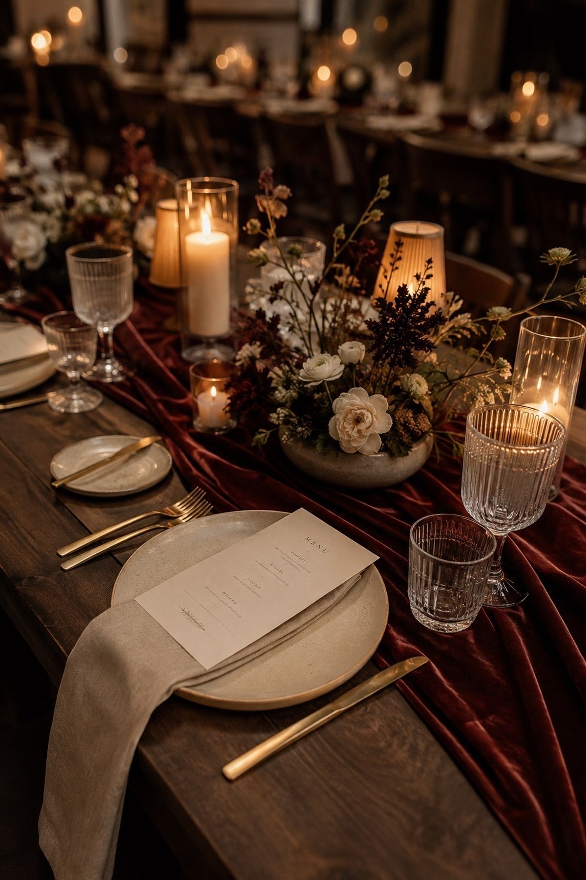 Reception tables styled with velvet and warm textures