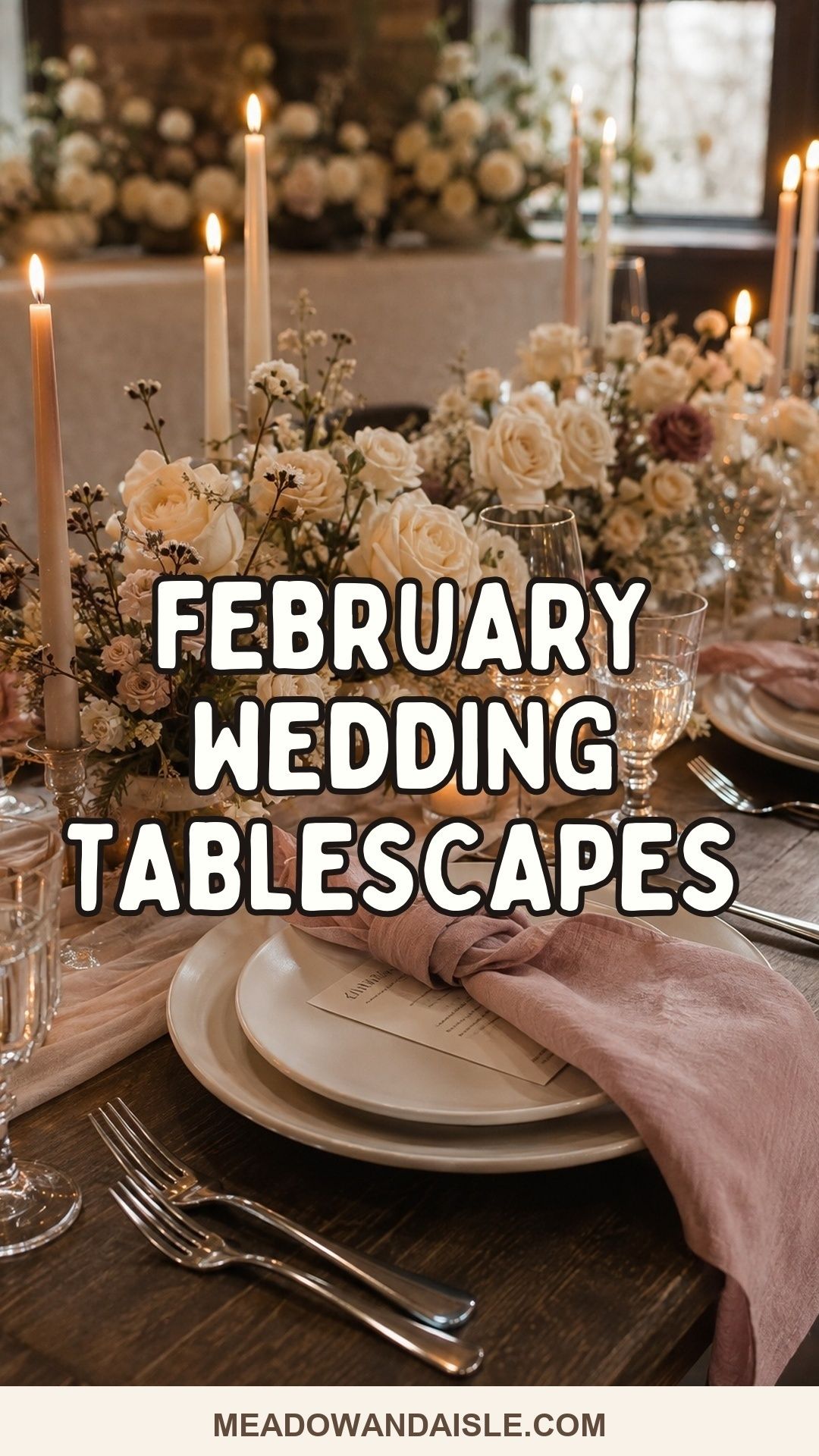 Pinterest pin for February Wedding Tablescape Ideas With Soft Romantic Glow