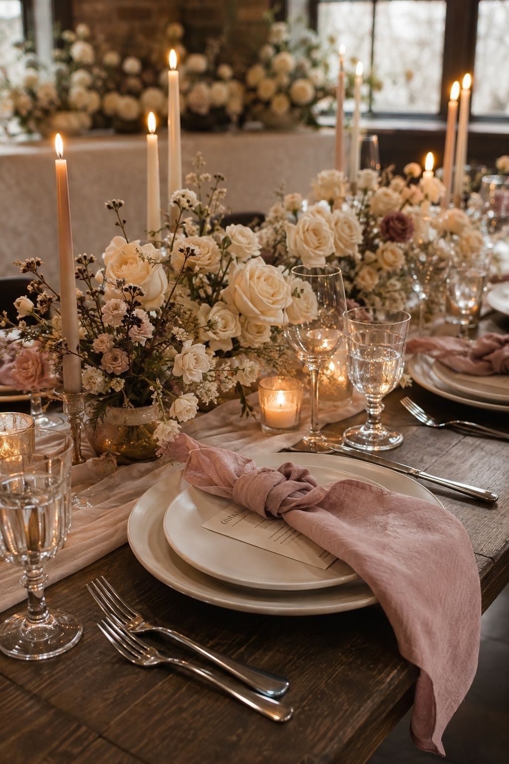 Blush napkins with cream flowers on a February table