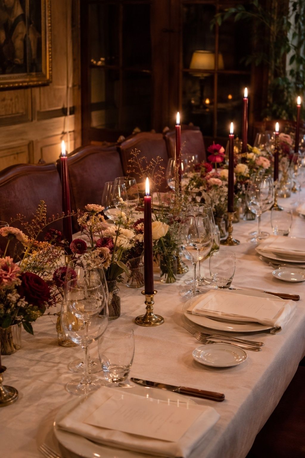 Burgundy taper candles on ivory linens