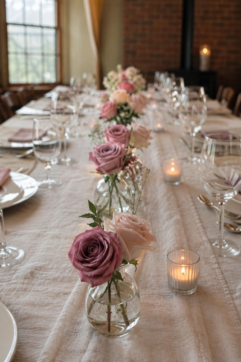 Rose bud vases lining a long reception table